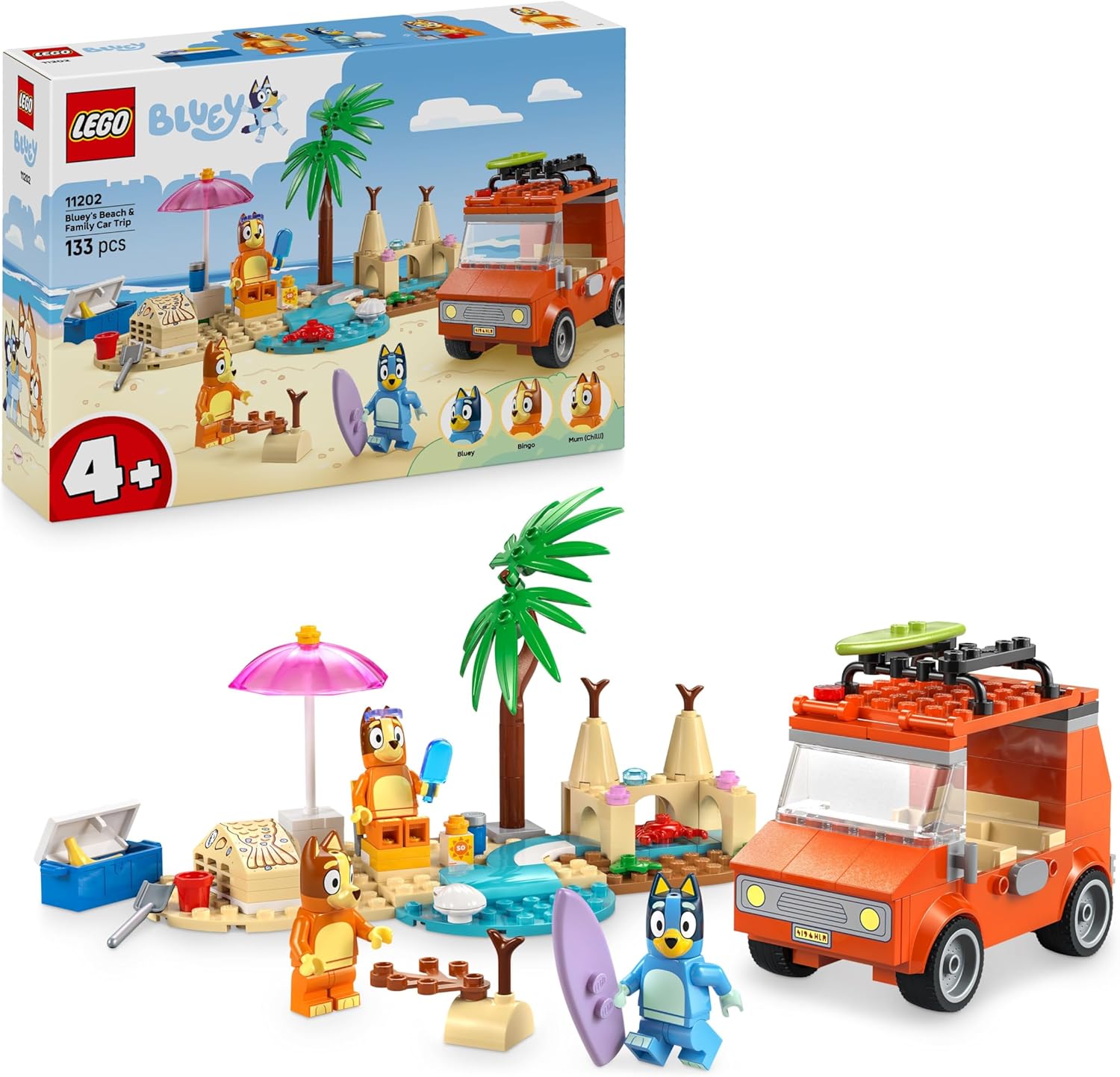LEGO Bluey: Bluey's Beach & Family Car Trip Toy with 3 Minifigures